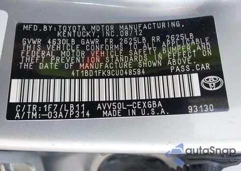 2012 Toyota Camry Hybrid Xle z USA, uszkodzony, nr VIN 4T1BD1FK9CU048584